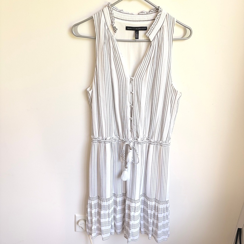 White House Black Market Dress Medium Boho Striped Tassel Sleeveless Tiered Mini